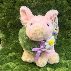 GANZ Pink Pig Soft Plush with Green Scarf and Purple Floral Bow
